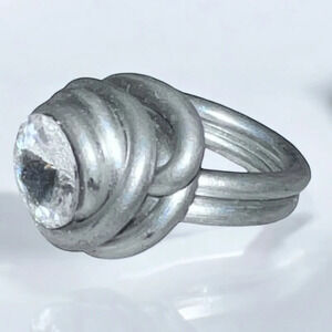 Vintage Modernist Silver Tone Asymmetical Wire Rivioli CZ Rhinestone Ring Sz 6